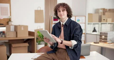 Man, tablet and face in small business for logistics, stock control and Stock Footage 345701830