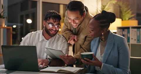 Man, tablet and group in night at office with ideas, research or plot Stock Footage 283555857
