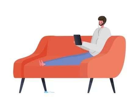 Man with tablet and headphone on couch working vector design Stock Illustration