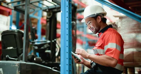 Man, tablet and inventory with inspection for supply chain, logistics or stock Video stock 326095015