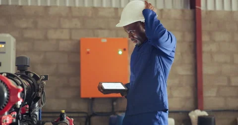 Man, tablet and machine engine repair for irrigation system check or internet Video stock 255357150