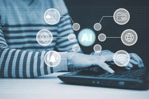 Man with tablet and notebook with Artificial Intelligence (AI),on big data ne Stock Photos