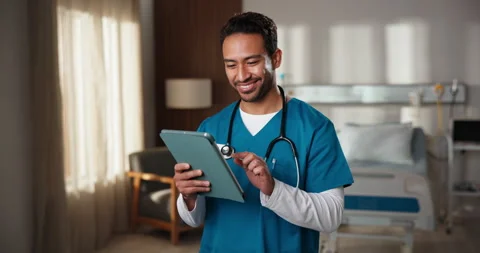 Man, tablet and nurse thinking of healthcare report, admin information or Stock Footage 341502835