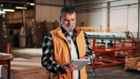 Man, tablet and scroll in carpentry factory, check lumber order or online i.. Stock-Fotos