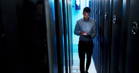 Man, tablet and scroll for programming in server room, report or checklist for Stock Photos