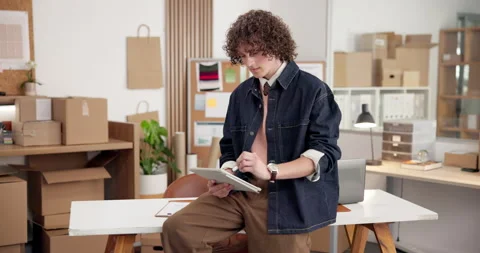 Man, tablet and typing in small business for logistics, order info and inventory Stock Footage 345701863