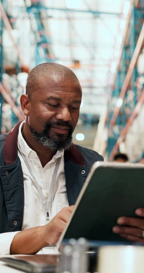 Man, tablet and typing at warehouse for logistics with shipping, inventory Stock Footage 328230948