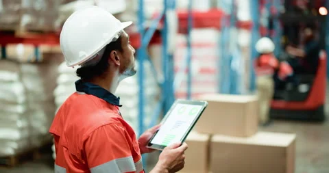 Man, tablet and warehouse with inventory for supply chain analysis, stock Stock Footage 326096043