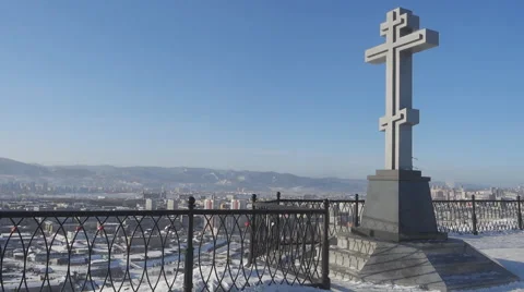 Man with tablet computer on the background of the urban landscape in winter Stock Footage 61179360