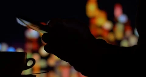 Man with tablet computer drinking coffee tea in cafe Video stock 54075043