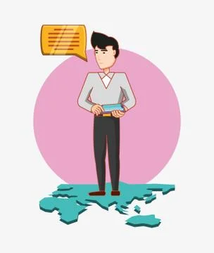 Man with tablet computer standing on world map social media chat Ilustración de archivo