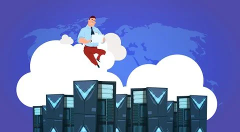 Man with tablet on data storage cloud synchronization center with hosting Stock Illustration