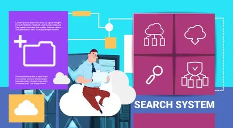 Man with tablet on data storage cloud synchronization center with hosting 스톡 일러스트