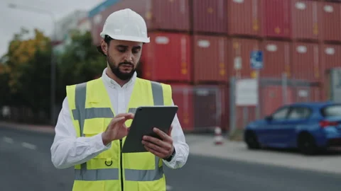 Man with tablet doing inspection at warehouse harbor Stock Footage 167225247