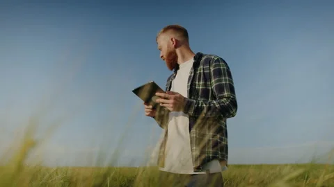 A man with a tablet in the field. The farmer checks the yield Stock Footage 234264896