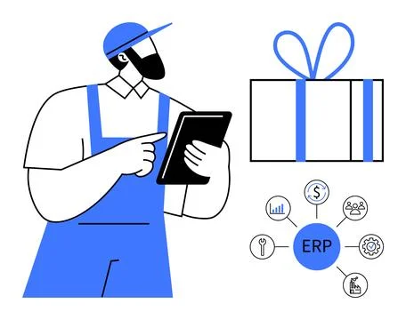 Man with Tablet, Gift Box, and ERP Elements Highlighting Business Solutions Illustrazione stock