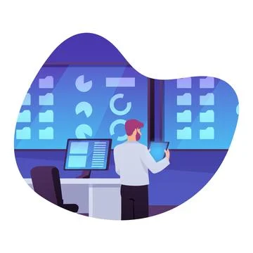 A man with a tablet near server equipment and a desktop in a data center. Stock Illustration