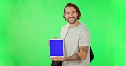 Man, tablet or green screen and pointing at gym membership subscription website Stock Footage 238404754