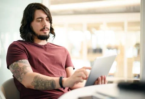 Man, tablet or planning for web design research, ideas or vision for it Stock Photos