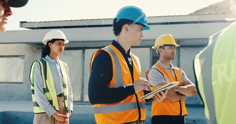 Man, tablet or team on construction site for meeting, service collaboration or Stock Footage 345650478