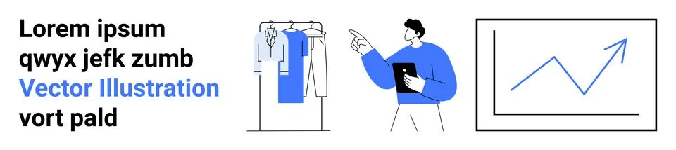 Man with Tablet Pointing at Clothes Rack and Graph Presentation while Text .. Stock Illustration