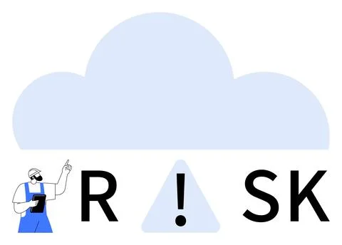 Man with tablet pointing at cloud above risk caution sign. Ideal for risk ass Illustrazione stock