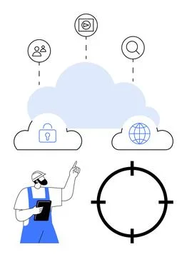 Man with tablet pointing at cloud data storage icons including security, inte Stock Illustration
