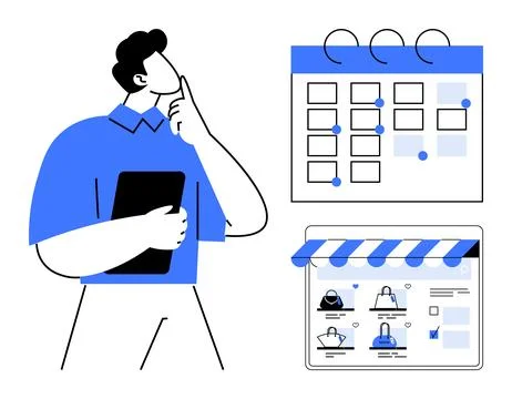 Man with tablet pondering calendar schedule and online shopping interface. Id Illustrazione stock