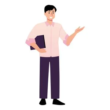 Man with tablet in presenting pose, explaining, showing, vector flat business Stock Illustration