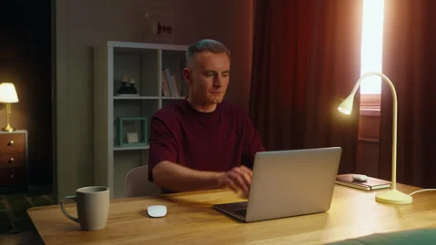 Man take break finished work went rest. Freelance guy end task close laptop home Stock Footage 326411318