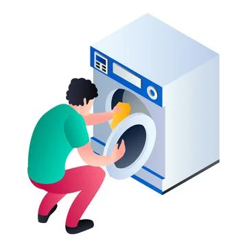 Man take clothes wash machine icon, isometric style Stock Illustration