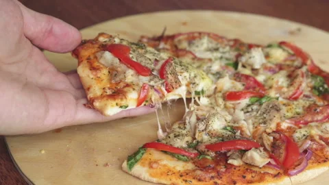 Man take pizza slice with melting cheese Stock Footage 249917072
