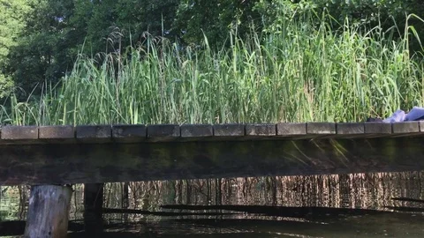 Man takes off diving ask and puts it on the water bridge. Stock Footage 78701534