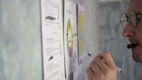 The man takes notes on the charts on the wall. Stock-Footage 154060978