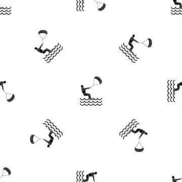 Man takes part at kitesurfing pattern seamless black Stock Illustration