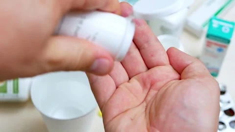 Man takes pills vitamins or drugs tablets in hand variety of white pills on palm Video stock 336586357