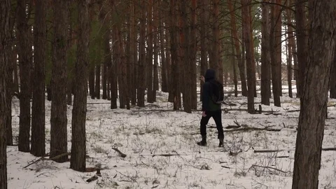 Man takes a pine forest on an action camera Stock Footage 74139658
