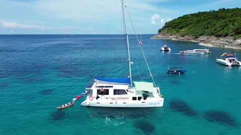 A man takes a selfie from a drone while on vacation on a yacht 動画素材 258747472