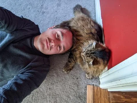 A man takes a selfie while lying on the floor with his cat Stock-Fotos