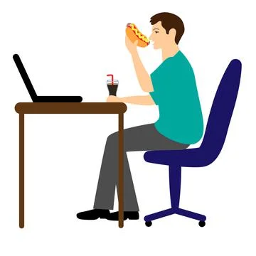 A man takes a snack while working. Illustrazione stock