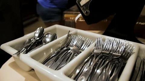 Man takes spoon from buffet tray and napkins slow motion Video stock 94231561