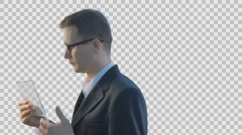 Man Takes a Virtual Tablet From a Pocket Clicks Working on Forex Exchange Buys Stock Footage 61115234
