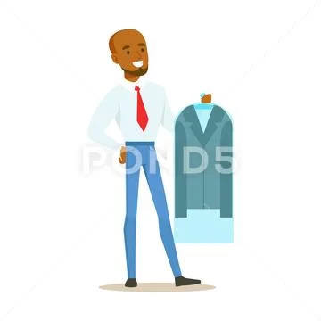 Man Taking Back Clean Jacket Sealed In Plastic, Part Of People Using Clothing Stock Illustration