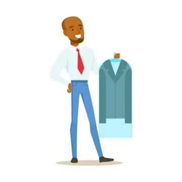 Man Taking Back Clean Jacket Sealed In Plastic, Part Of People Using Clothing Illustrazione stock