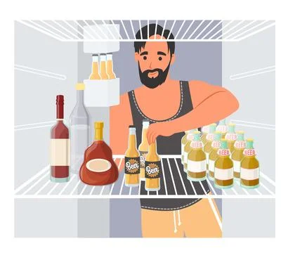 Man taking beer from opened refrigerator vector Stock Illustration