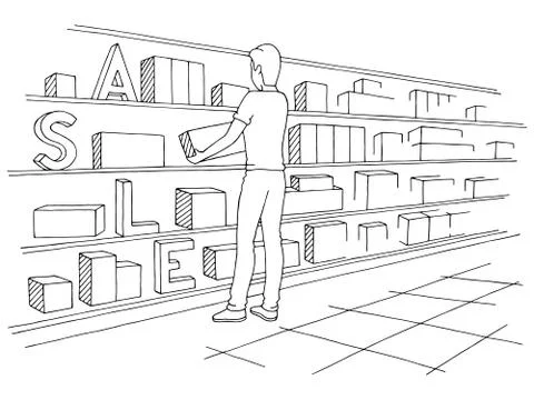 Man taking the box. Shop interior graphic black white sketch illustration vector Stock Illustration