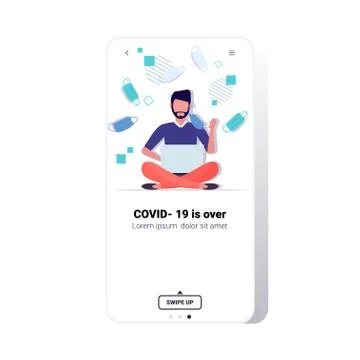 Man taking off face mask guy sitting lotus pose using laptop victory over Stock Illustration
