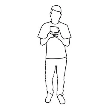 Man taking full length selfie in the mirror. Isolated outline vector illustra Stock Illustration