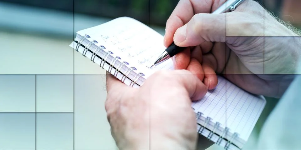 Man taking notes on a pocket book, geometric pattern Stock Photos