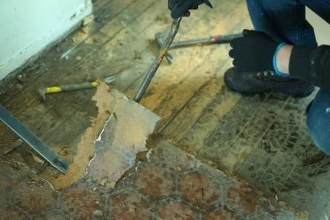 A man taking off old floor in kitchen. Foto stock